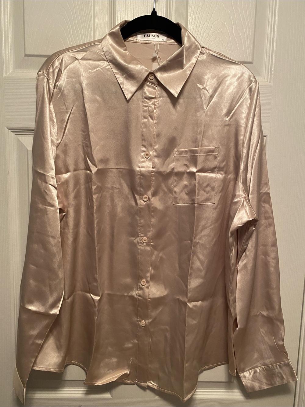 PAUSUS Satin Long Sleeve Button Down Blouse with pocket…size XL